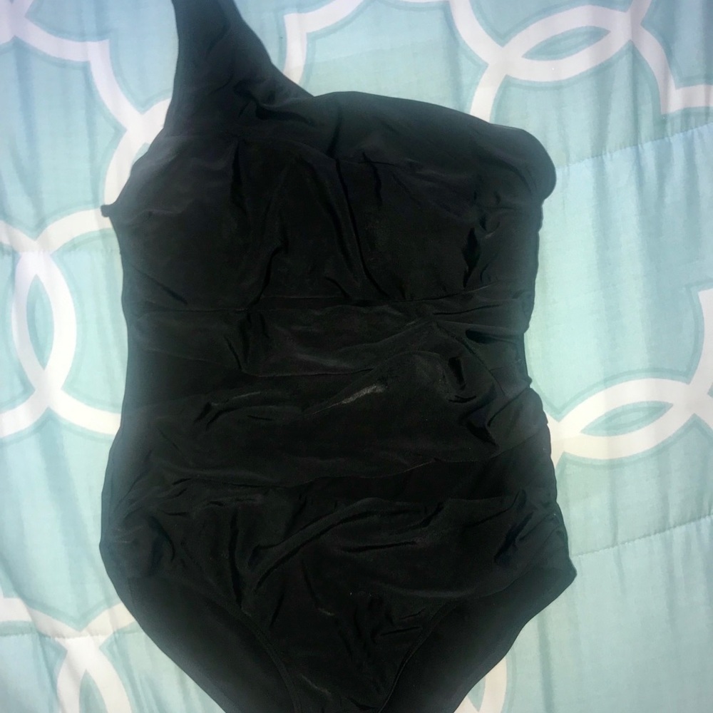 Black One Shoulder Swimsuit with sheer panels.